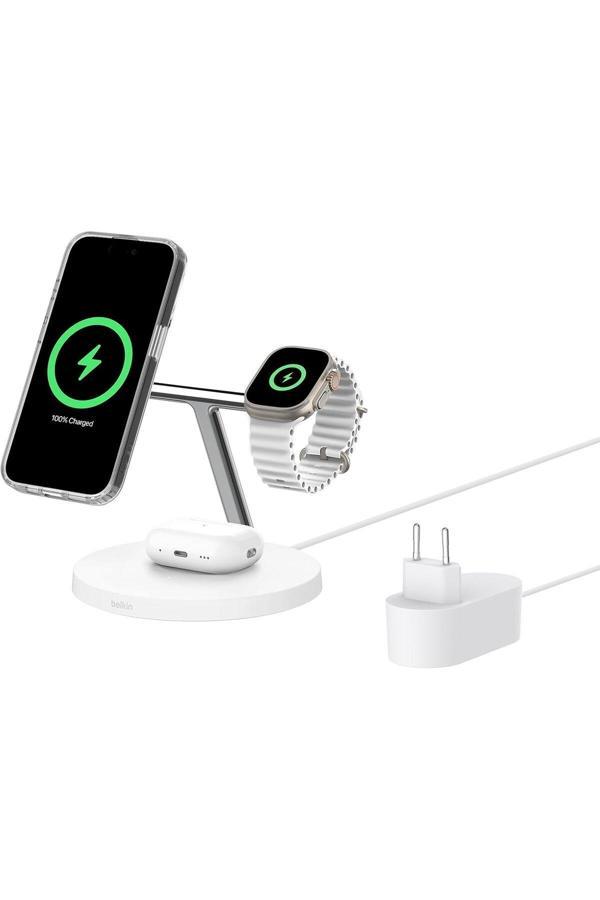 Belkin Boostcharge Pro 3'Ü 1 Arada Qi2 Magsafe Kablosuz Şarj İstasyonu Beyaz - Image 1