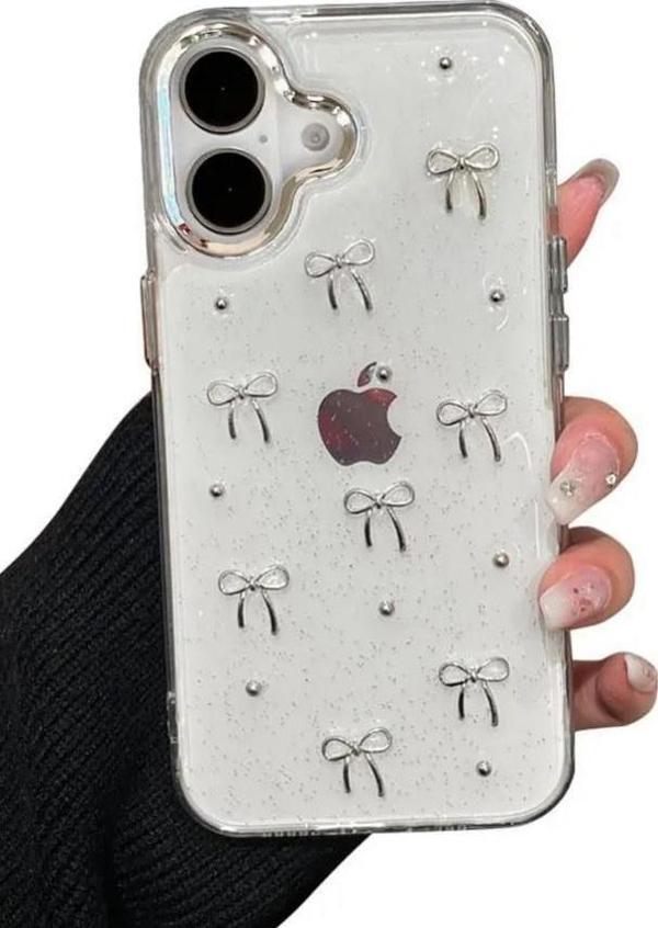 iPhone 16 Uyumlu Kamera Korumalı Fiyonk Desenli Şeffaf Silikon Kapak - Image 1