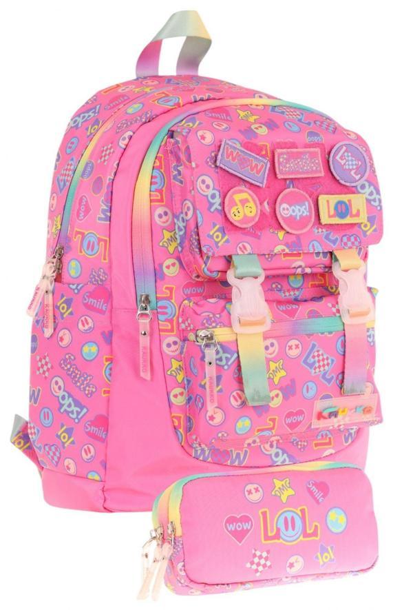 Kaukko Armalı Yazı Desenli Okul Çantası + Kalemlik Seti (L5237+L8237) Kız Çocuk - Pembe - Image 1