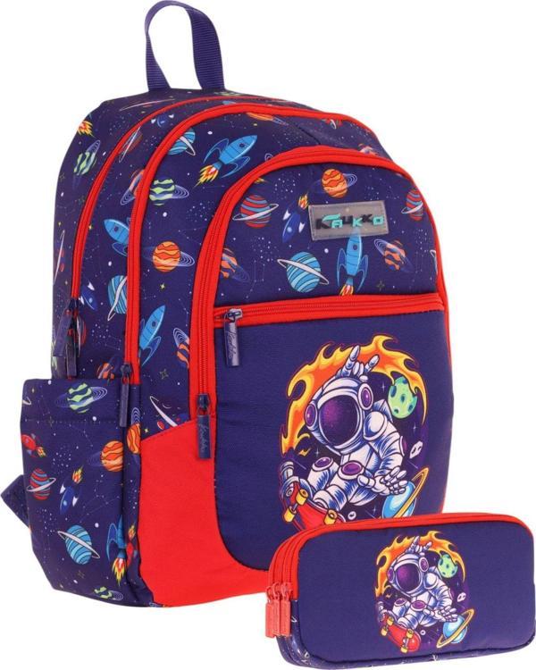 Kaukko Çanta Erkek Çocuk Astronot Baskılı Baskılı Okul Çantası ve Kalem Kutusu Seti (L5267+KK-L8267) - Lacivert Kırmızı - Image 1
