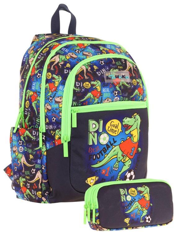 Kaukko Çanta Erkek Çocuk Dinazor Desenli Baskılı Okul Çantası ve Kalem Kutusu Seti (L5266+KK-L8266) - Siyah Yeşil - Image 1