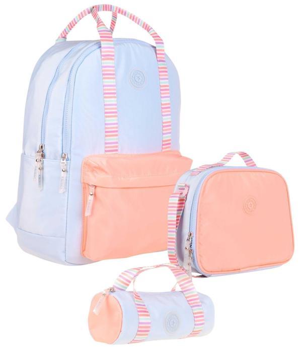 Kaukko Double Stripe Kız Çocuk İlkokul Üçlü Okul Çantası Seti - Mavi Turuncu - Çift Renk - Image 1