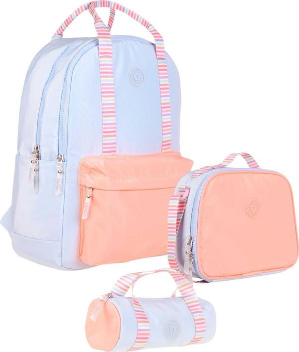 Kaukko Double Stripe Kız Çocuk İlkokul Üçlü Okul Çantası Seti - Mavi Turuncu - Çift Renk - Image 1