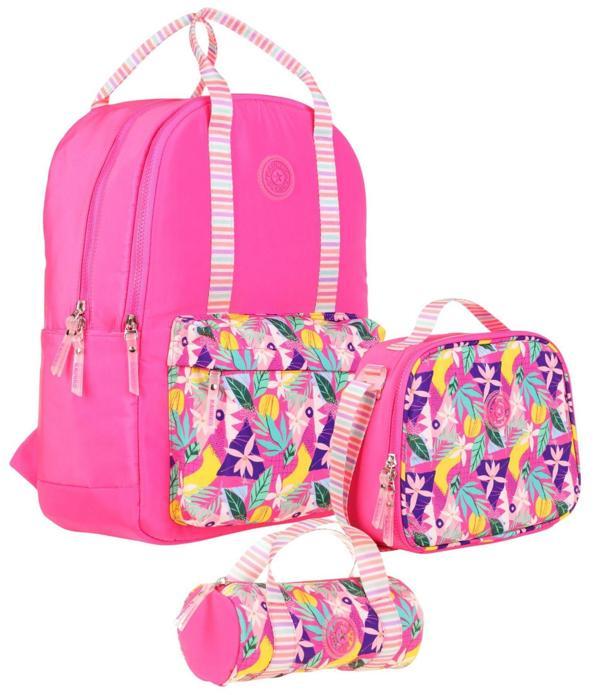Kaukko Double Stripe Kız Çocuk İlkokul Üçlü Okul Çantası Seti - Pembe - Yaprak Desenli - Image 1