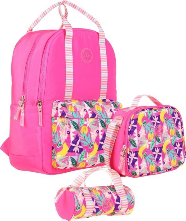 Kaukko Double Stripe Kız Çocuk İlkokul Üçlü Okul Çantası Seti - Pembe - Yaprak Desenli - Image 1