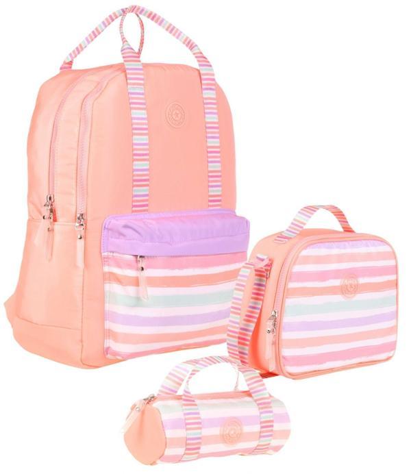 Kaukko Double Stripe Kız Çocuk İlkokul Üçlü Okul Çantası Seti - Somon - Çizgi Desenli - Image 1