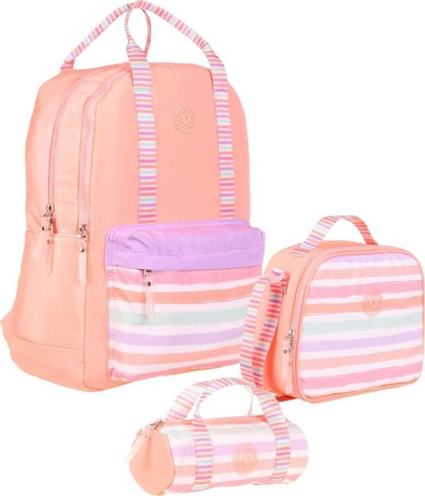 Kaukko Double Stripe Kız Çocuk İlkokul Üçlü Okul Çantası Seti - Somon - Çizgi Desenli - Image 1