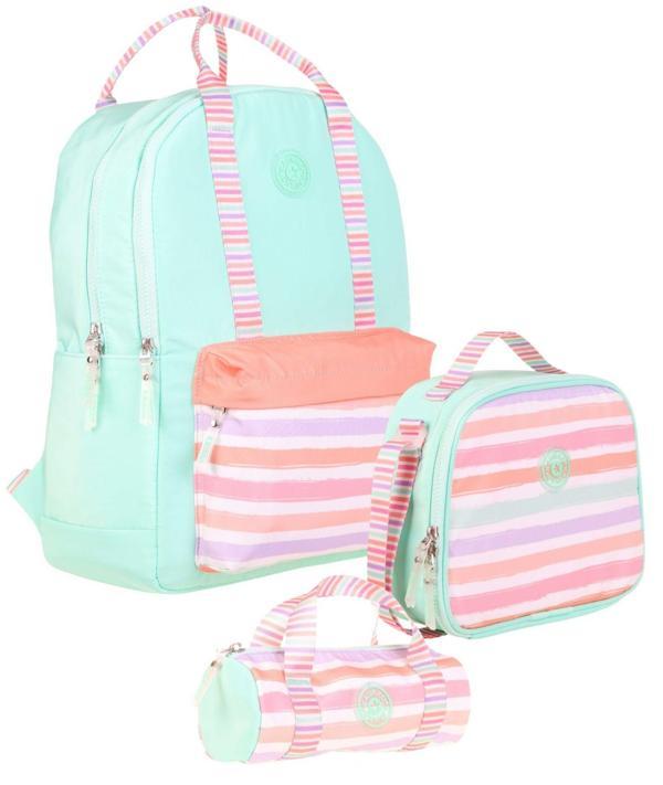 Kaukko Double Stripe Kız Çocuk İlkokul Üçlü Okul Çantası Seti - Su Yeşili Pembe - Çizgi Desenli - Image 1