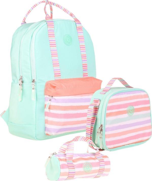 Kaukko Double Stripe Kız Çocuk İlkokul Üçlü Okul Çantası Seti - Su Yeşili Pembe - Çizgi Desenli - Image 1
