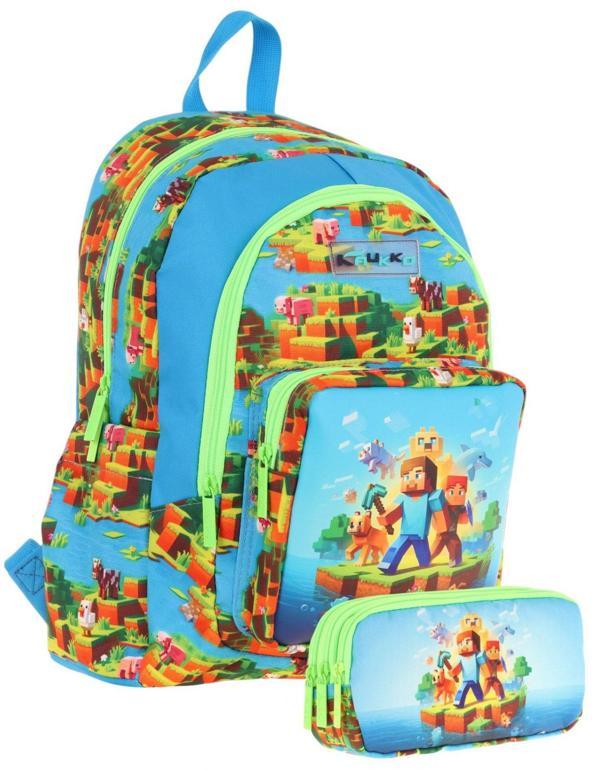 Kaukko Kids (L5280+L8280) Üç Gözlü Erkek Çocuk Okul Çantası ve Kalem Çantası Seti - Yeşil Mavi - Craft Baskılı - Image 1