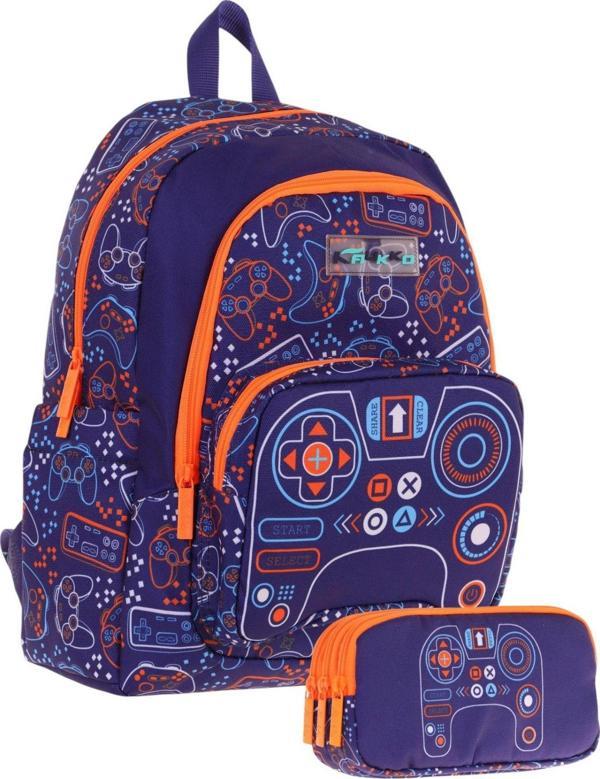 Kaukko Kids (L5281+L8281) Üç Gözlü Erkek Çocuk Okul Çantası ve Kalem Çantası Seti - Turuncu Lacivert - Oyun Baskılı - Image 1