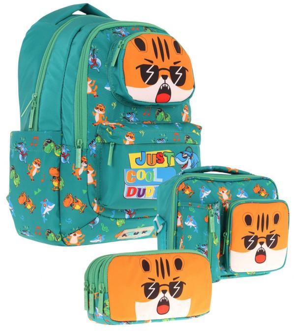 Kaukko Kids 3D Aslan Şekilli Erkek Çocuk Üçlü Okul Çantası Seti/Takımı - Yeşil (L5254+L7254+L8254) - Image 1