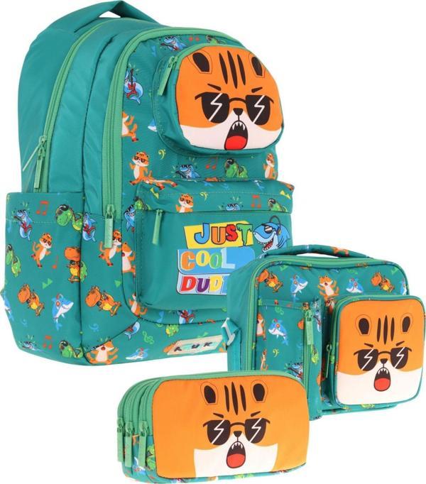 Kaukko Kids 3D Aslan Şekilli Erkek Çocuk Üçlü Okul Çantası Seti/Takımı - Yeşil (L5254+L7254+L8254) - Image 1