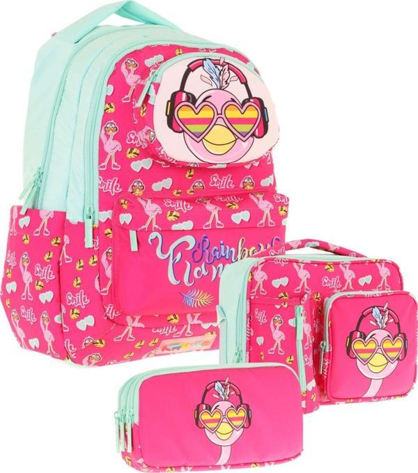 Kaukko Kids 3D Flamingo Şekilli Kız Çocuk Üçlü Okul Çantası Seti/Takımı - Kırmızı Yeşil (L5235+L7235+L8235) - Image 1