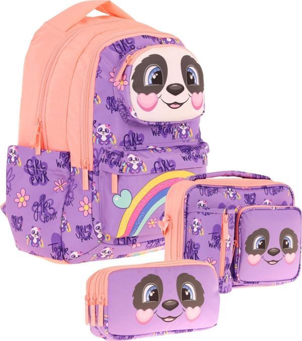 Kaukko Kids 3D Panda Şekilli Kız Çocuk Üçlü Okul Çantası Seti/Takımı - Mor Somon (L5233+L7233+L8233) - Image 1