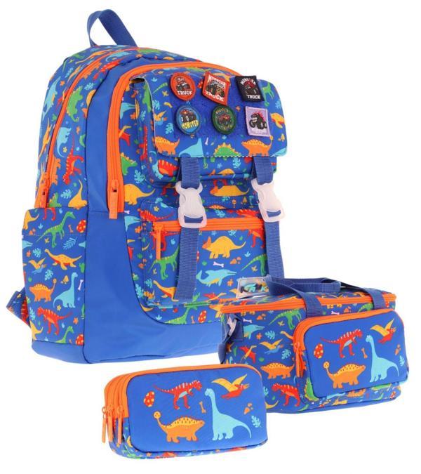 Kaukko Kids Armalı Dinazor Desenli Erkek Çocuk Üçlü İlkokul Okul Çantası Seti - Mavi - Image 1