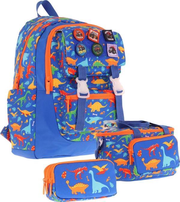 Kaukko Kids Armalı Dinazor Desenli Erkek Çocuk Üçlü İlkokul Okul Çantası Seti - Mavi - Image 1