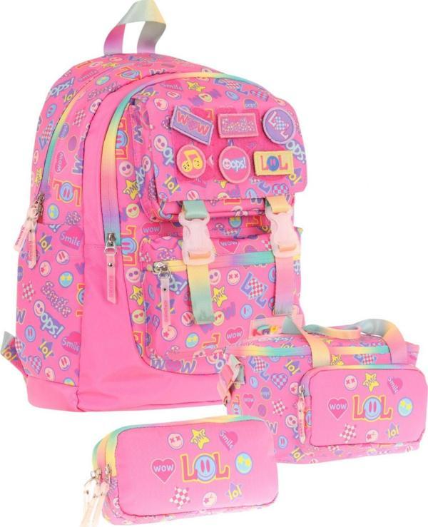 Kaukko Kids Armalı Yazı Desenli Kız Çocuk Üçlü İlkokul Okul Çantası Seti - Pembe - Image 1
