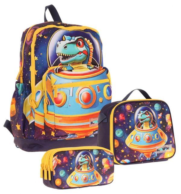 Kaukko Kids Dört Bölmeli Okul Çantası + Beslenme +Kalemlik Seti (Astronot Dinazor - Erkek Çocuk - Mavi Sarı) - Image 1