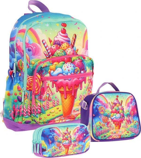 Kaukko Kids Dört Bölmeli Okul Çantası + Beslenme +Kalemlik Seti (Dondurma - Kız Çocuk - Kırmızı Mavi) - Image 1