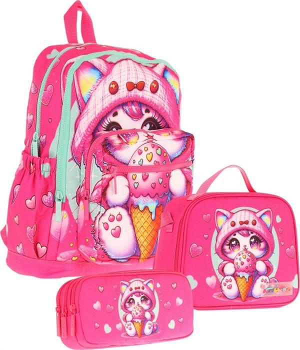 Kaukko Kids Dört Bölmeli Okul Çantası + Beslenme +Kalemlik Seti (Dondurma Yiyen Kedi - Kız Çocuk - Pembe) - Image 1