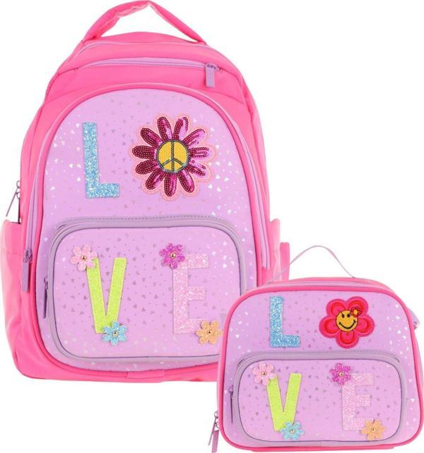 Kaukko Kids Dört Bölmeli Okul Çantası ve Beslenme Çantası Seti - Simli Love Desenli - Kız Çocuk (L5211+L7211) - Image 1