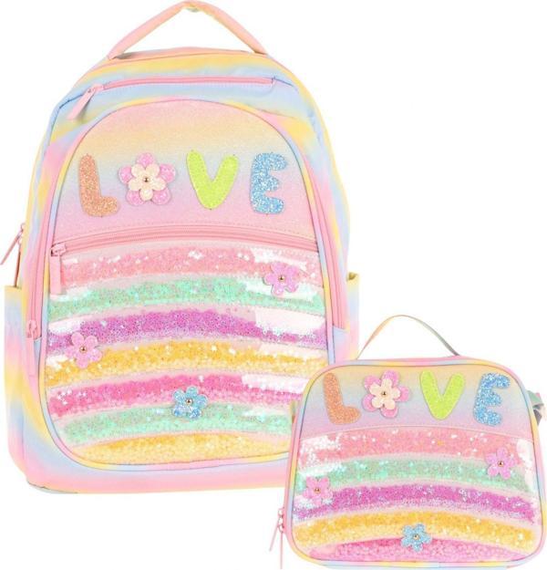Kaukko Kids Dört Bölmeli Okul Çantası ve Beslenme Çantası Seti - Simli Pullu Love Baskılı - Kız Çocuk (L5214+L7214) - Image 1