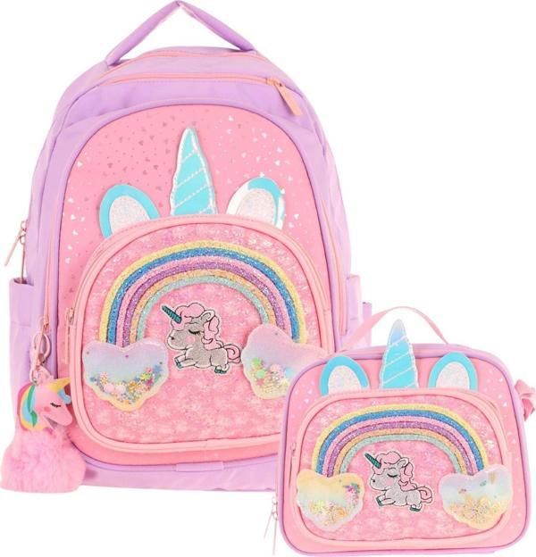 Kaukko Kids Dört Bölmeli Okul Çantası ve Beslenme Çantası Seti - Simli Unicorn Desenli - Kız Çocuk (L5212+L7212) - Image 1