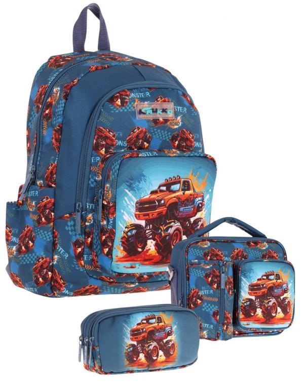 Kaukko Kids Erkek Çocuk Arazi Aracı Baskılı Üçlü Okul Çanta Seti(Okul Çantası+Beslenme Çantası+Kalemlik) - Image 1