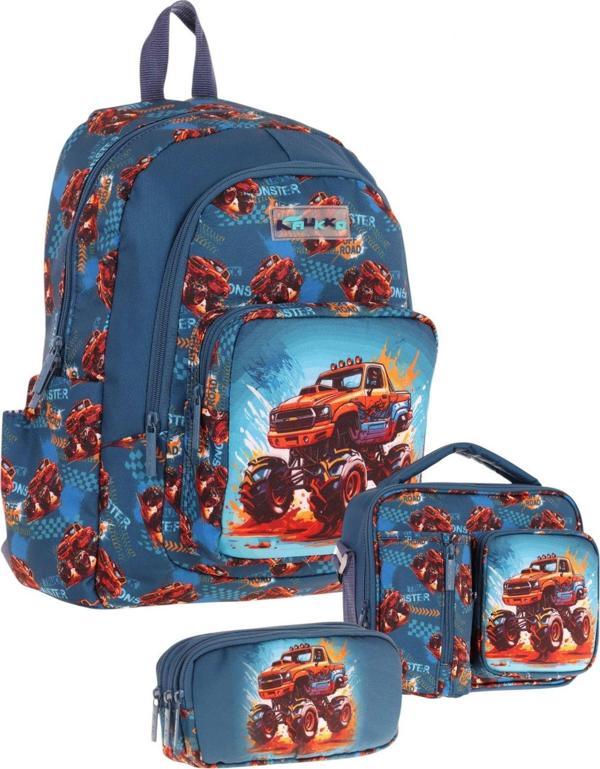 Kaukko Kids Erkek Çocuk Arazi Aracı Baskılı Üçlü Okul Çanta Seti(Okul Çantası+Beslenme Çantası+Kalemlik) - Image 1