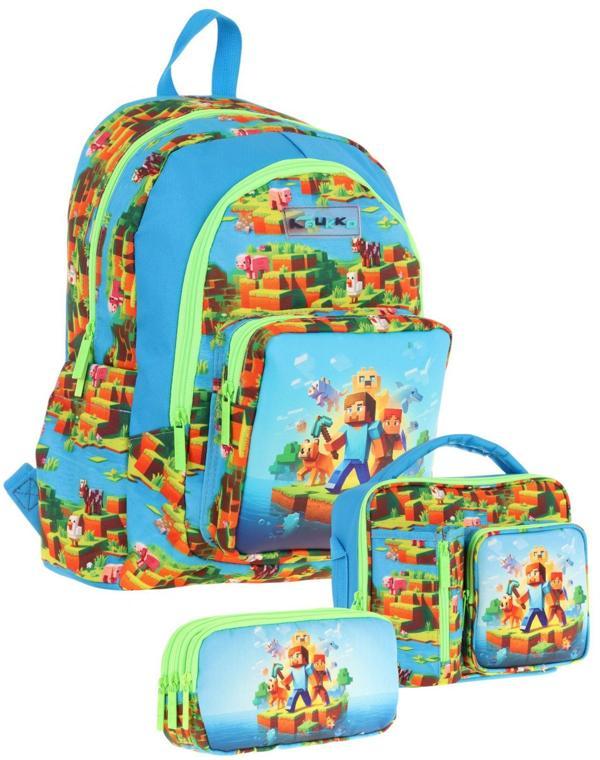 Kaukko Kids Erkek Çocuk Craft Baskılı Üçlü Okul Çanta Seti(Okul Çantası+Beslenme Çantası+Kalemlik) - Image 1
