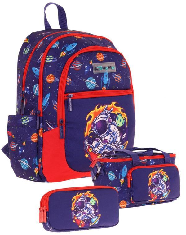 Kaukko Kids Erkek Çocuk İçin Lacivert Kırmızı Renkli Astronot BaskılıÜçlü Okul Çanta Kombinasyonu - Image 1