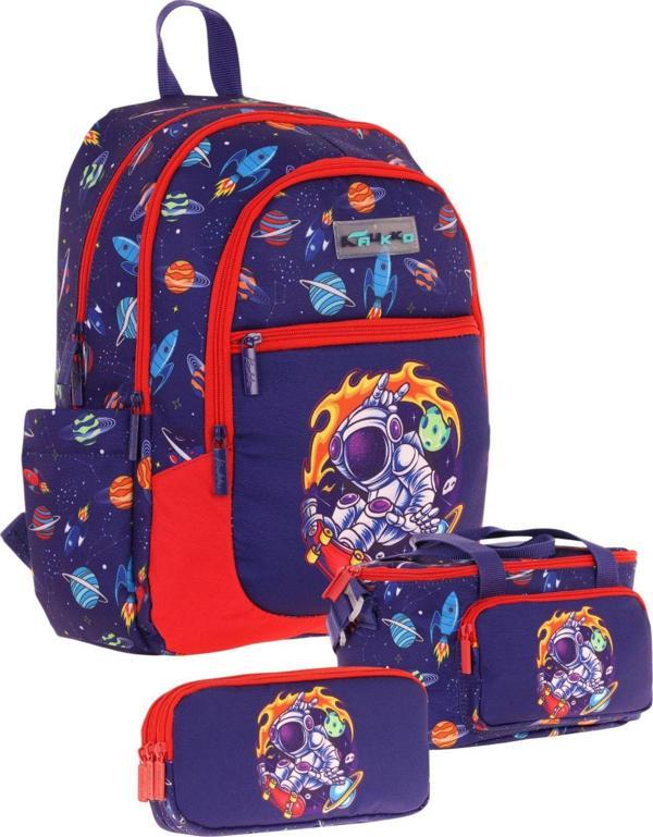 Kaukko Kids Erkek Çocuk İçin Lacivert Kırmızı Renkli Astronot BaskılıÜçlü Okul Çanta Kombinasyonu - Image 1