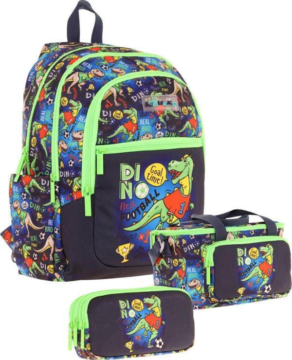 Kaukko Kids Erkek Çocuk İçin Siyah Yeşil Renkli Dinazor DesenliÜçlü Okul Çanta Kombinasyonu - Image 1