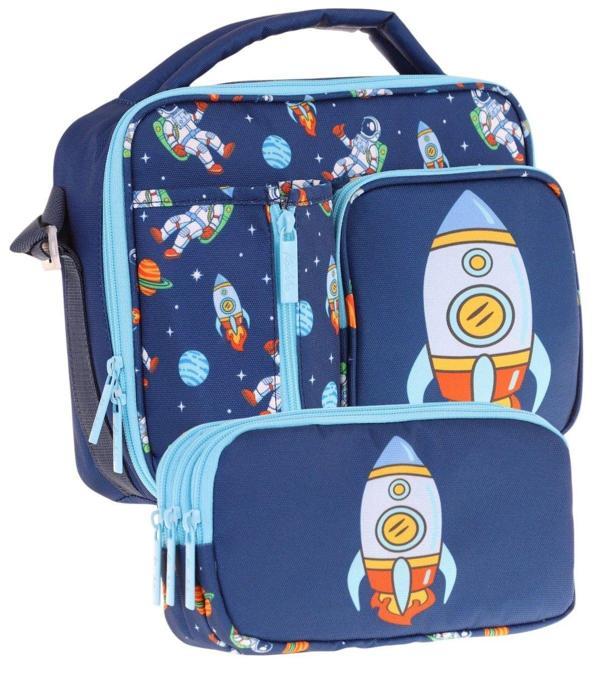 Kaukko Kids Erkek Çocuk Lacivert Roket Üç Bölmeli Thermo Beslenme Çantası ve Kalemlik Seti (L7260+L8260) - Image 1