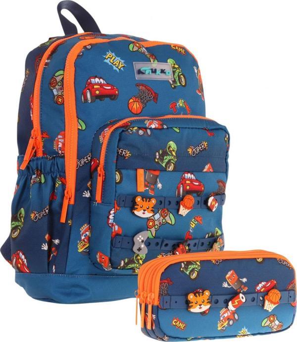 Kaukko Kids Erkek Çocuk Lacivert Turuncu Okul Çantası ve Üç Bölmeli Kalemlik Seti - Silikon Aksesuarlı - Image 1