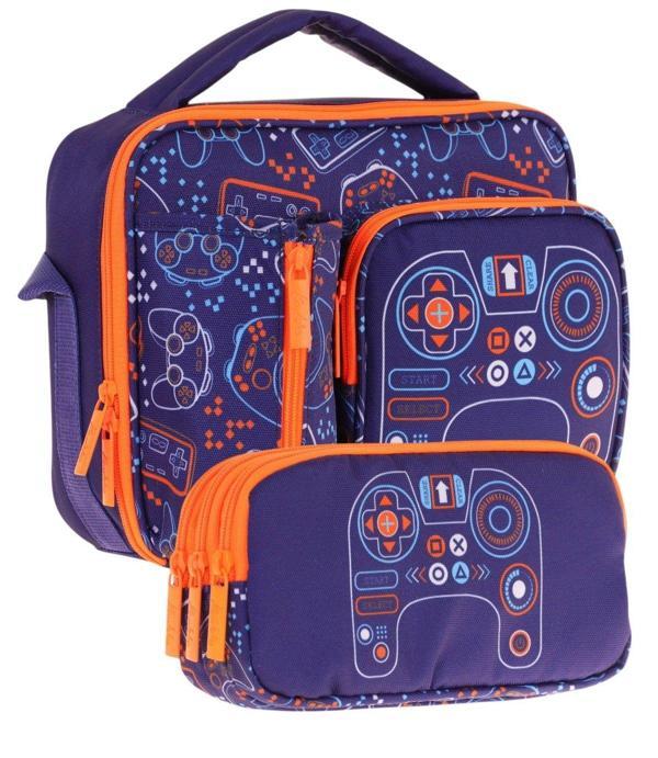 Kaukko Kids Erkek Çocuk Lacivert Turuncu Oyun Temalı Üç Bölmeli Thermo Beslenme Çantası ve Kalemlik Seti (L7281+L8281) - Image 1