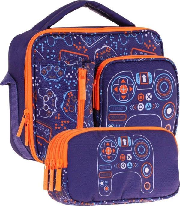 Kaukko Kids Erkek Çocuk Lacivert Turuncu Oyun Temalı Üç Bölmeli Thermo Beslenme Çantası ve Kalemlik Seti (L7281+L8281) - Image 1