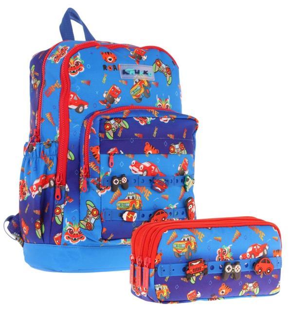Kaukko Kids Erkek Çocuk Mavi Kırmızı Okul Çantası ve Üç Bölmeli Kalemlik Seti - Silikon Aksesuarlı - Image 1