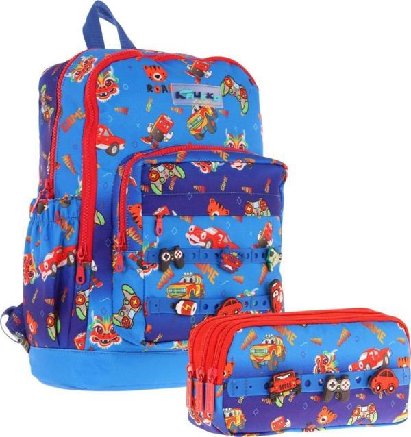 Kaukko Kids Erkek Çocuk Mavi Kırmızı Okul Çantası ve Üç Bölmeli Kalemlik Seti - Silikon Aksesuarlı - Image 1