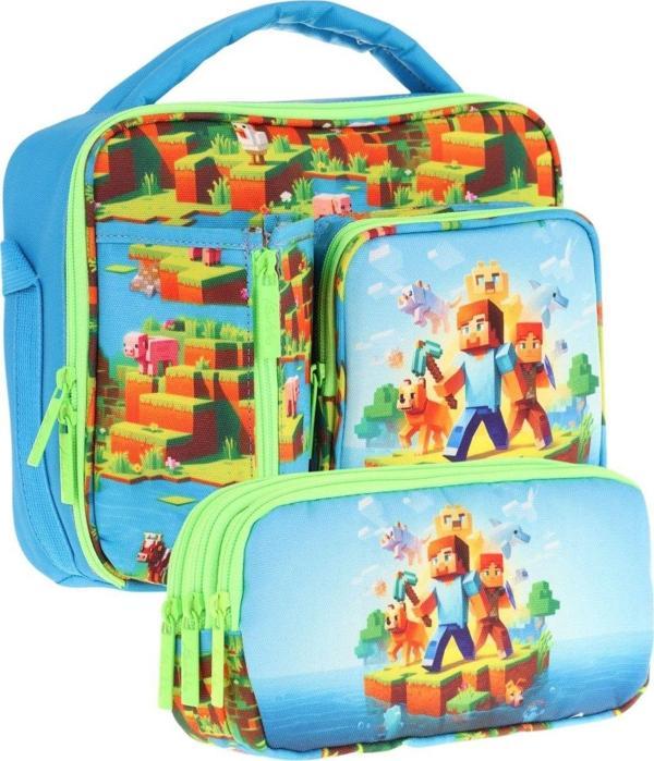 Kaukko Kids Erkek Çocuk Mavi Yeşil Craft Desenli Üç Bölmeli Thermo Beslenme Çantası ve Kalemlik Seti (L7280+L8280) - Image 1