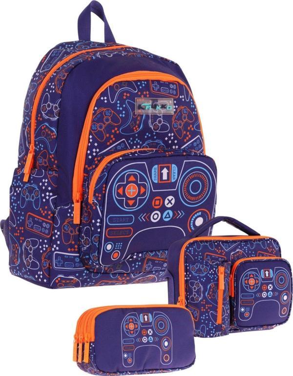 Kaukko Kids Erkek Çocuk Oyun Desenli Üçlü Okul Çanta Seti(Okul Çantası+Beslenme Çantası+Kalemlik) - Image 1