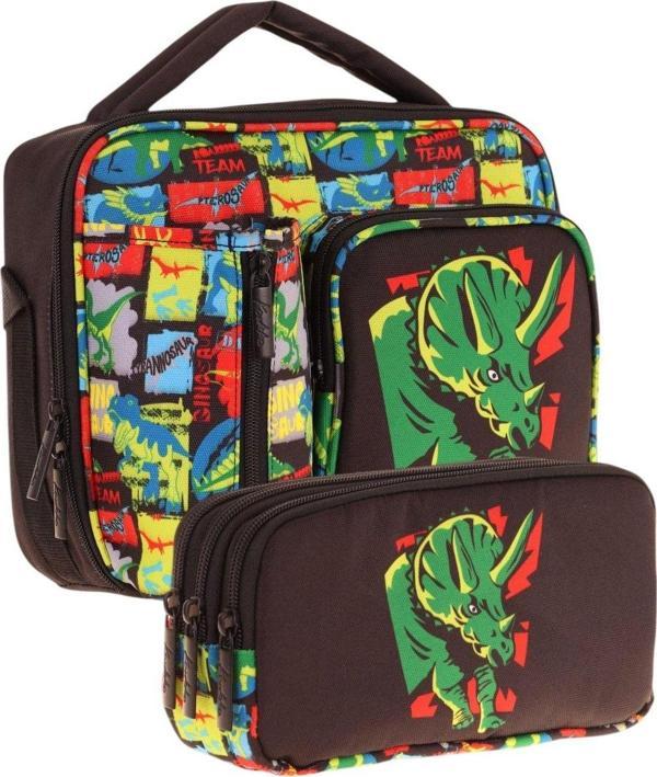 Kaukko Kids Erkek Çocuk Siyah Yeşil Gergedan Üç Bölmeli Thermo Beslenme Çantası ve Kalemlik Seti (L7263+L8263) - Image 1
