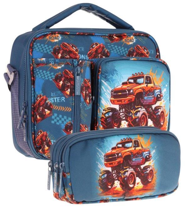Kaukko Kids Erkek Çocuk Yeşil Kırmızı Arazi Aracı Üç Bölmeli Thermo Beslenme Çantası ve Kalemlik Seti (L7282+L8282) - Image 1