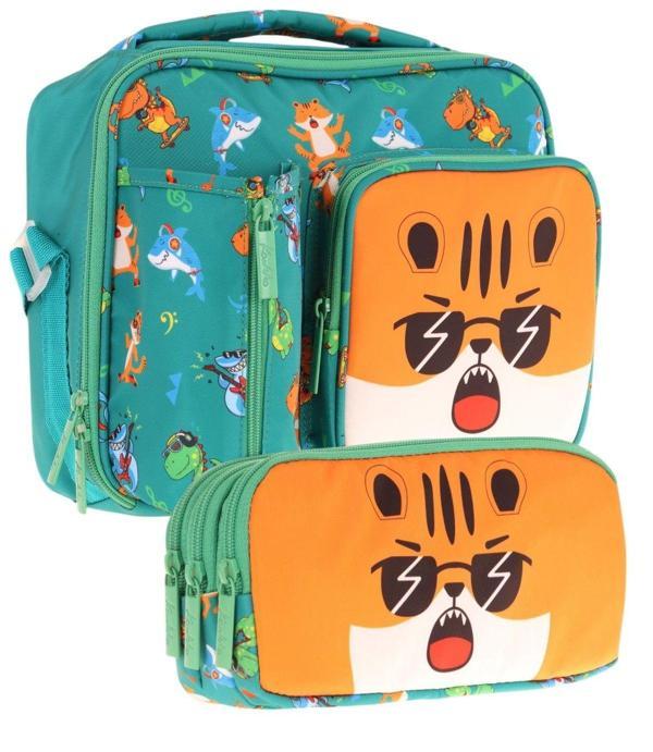Kaukko Kids Erkek Çocuk Yeşil Turuncu Aslan Üç Bölmeli Thermo Beslenme Çantası ve Kalemlik Seti (L7254+L8254) - Image 1