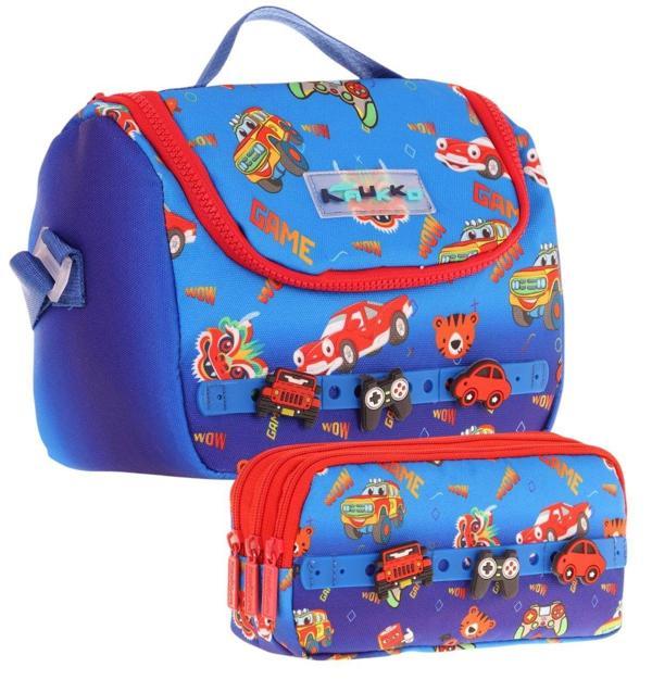 Kaukko Kids Isı Yalıtımlı Beslenme Çantası ve Üç Gözlü Kalemlik Seti - Erkek Çocuk, Mavi Kırmızı (Silikon Aksesuarlı) - Image 1