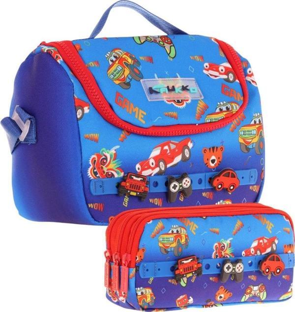 Kaukko Kids Isı Yalıtımlı Beslenme Çantası ve Üç Gözlü Kalemlik Seti - Erkek Çocuk, Mavi Kırmızı (Silikon Aksesuarlı) - Image 1