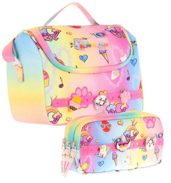 Kaukko Kids Isı Yalıtımlı Beslenme Çantası ve Üç Gözlü Kalemlik Seti - Kız Çocuk, Mavi Sarı (Silikon Aksesuarlı) - Image 1