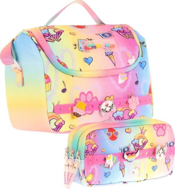 Kaukko Kids Isı Yalıtımlı Beslenme Çantası ve Üç Gözlü Kalemlik Seti - Kız Çocuk, Mavi Sarı (Silikon Aksesuarlı) - Image 1