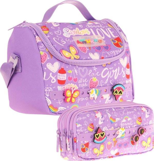 Kaukko Kids Isı Yalıtımlı Beslenme Çantası ve Üç Gözlü Kalemlik Seti - Kız Çocuk, Mor (Silikon Aksesuarlı) - Image 1